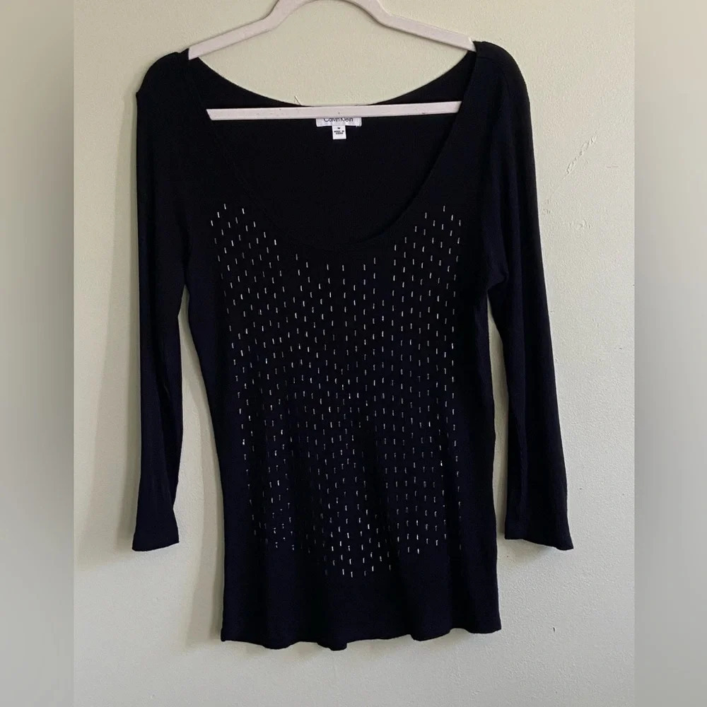 Calvin Klein beaded front 3/4 sleeve black top. Size M